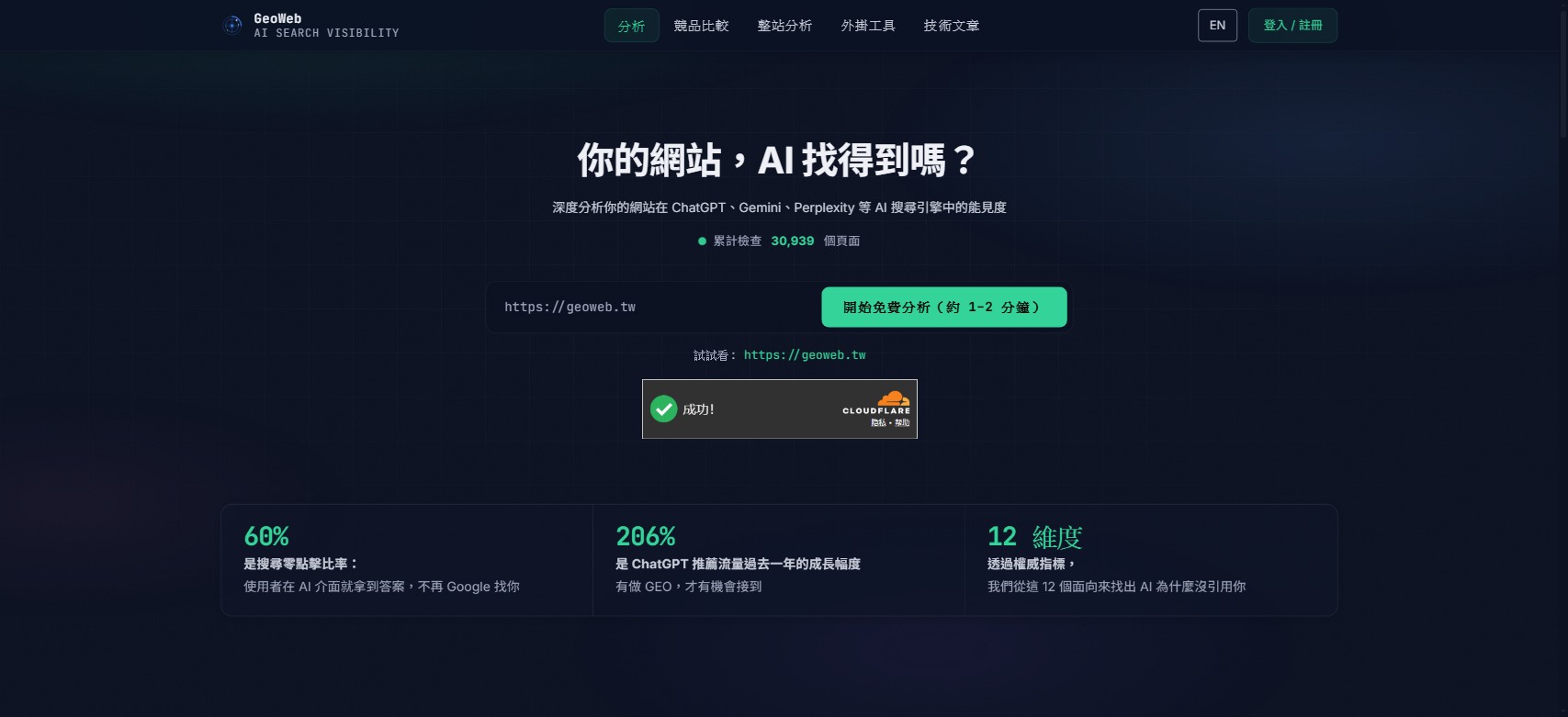 GeoWeb analytics platform website screenshot